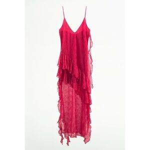 Zara Fuchsia Pink Ruffled Maxi Dress Sexy Vacation Pleated Slit Jellyfish Style